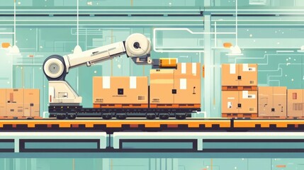 Fototapete - Automated Warehouse Robots Efficiently Transporting Cargo Shipments in a Modern Flat Design of a Futuristic Logistics and Supply Chain System