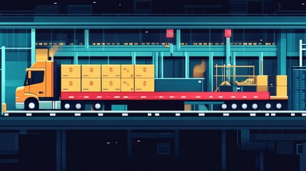 Fototapete - Flat design showcasing efficient automated cross docking system for faster logistics and shipping processes  Streamlined workflow organized warehouse distribution