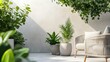 © P.G - Close-up of minimalist apartment terrace with potted plants, sleek furniture, and a plain, white wall background