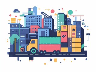 Fototapete - Streamlining Logistics with Real Time Data Analytics and Automation for Efficient Shipping and Distribution  Flat design showcasing the of real time data monitoring automation