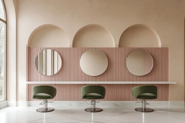 a pink beauty salon with chairs and mirrors, a panoramic window, and a mockup wall with a mirror.