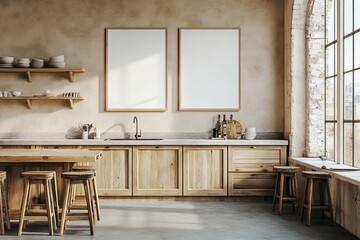 Mockup frames of luxury home kitchen interior with cabinet and kitchenware.