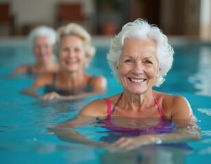 Active senior women in row enjoying aqua fit class in a pool, displaying joy and camaraderie, generative AI