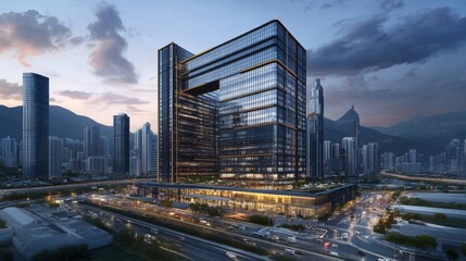 Poster - At dusk, an illuminated cityscape of modern office buildings.