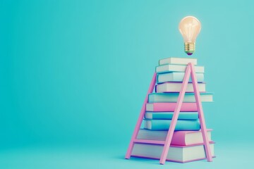 Poster - Light blue background with books, ladders, and lightbulb. 3D rendering