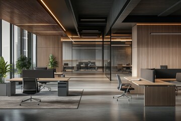 Poster - Office interior with glass walls and a panoramic window with a computer desktop