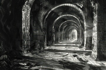 Wall Mural - A Monochromatic Illustration of an Ancient Stone Passageway