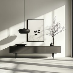 Poster - Mockup of blank poster above modern cabinet on dark wall with 3D rendering