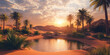 © Nano Photos - A serene desert oasis with palm trees and a tranquil pool of water under a stunning sunrise, bringing life to the arid landscape.