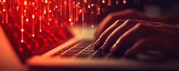 Poster - In red and blue colors, hands are typing on a laptop with an overlay of a falling financial graph.