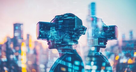 Poster - A woman in an office wearing VR glasses, a metaverse hologram, and a cyberspace image