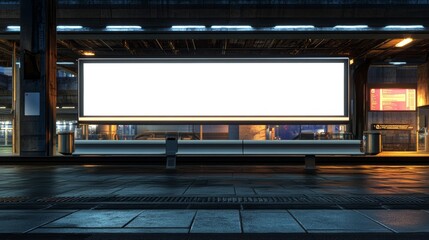Poster - Concept for a futuristic airport hall with glowing blue lights and an information desk. Stock image.