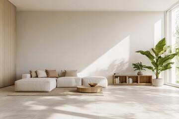 Poster - Lounge room interior with couch, two chairs, shelf, and window, mockup