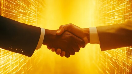 Poster - Stock illustration depicting a handshake between technology and humanity against a yellow background. Digital transformation concept.