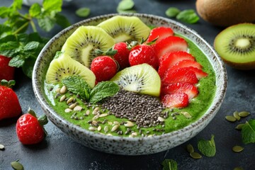 Green Smoothie Bowl Topped with Kiwi, Strawberries, Chia Seeds and Mint