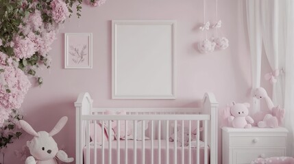 Sticker - Stock image of modern nursery with pink paneling, a large empty frame, and natural elements.