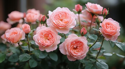 Canvas Print - A cluster of pale pink roses in full bloom with buds, green leaves, and a blurred background.