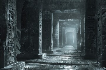 Wall Mural - Ancient Stone Hallway with Carvings and Dim Lighting