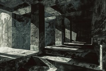 Wall Mural - Ancient Stone Corridor with Hieroglyphics and Shadows