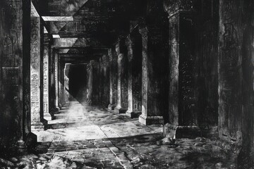 Wall Mural - A Long, Dark Hallway with Stone Pillars and Hieroglyphics