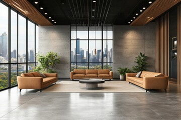 Wall Mural - This stylish office lobby has an armchair and coffee table, as well as panoramic windows