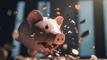 Wall Mural - A pink piggy bank is broken open, with coins spilling out.