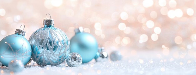 Wall Mural - Light blue Christmas balls and silver decorations on white background with bokeh lights