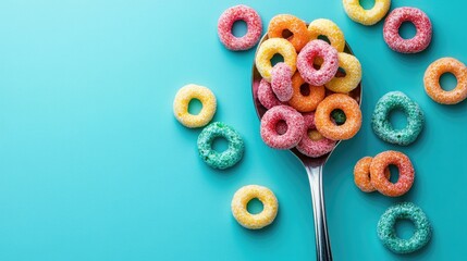 Sticker - A spoonful of vibrant, multicolored cereal rings on a blue background, capturing the sugary, fun appeal of this classic breakfast treat