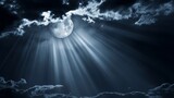 A moonlit night. Thin clouds obscure most of the moon, but rays of light shine through.