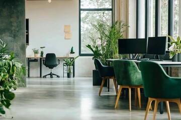 Poster - The office interior shows armchairs, desks, computers, and a window. A mockup of the wall behind the desk is shown.
