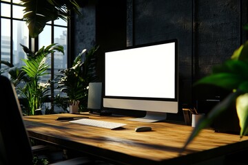Poster - The modern coworking interior has a PC computer on the table with a mockup display
