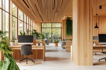 Poster - 3D rendering of a modern office interior with wooden walls and ceilings, a light background, and a concept of workspace design.