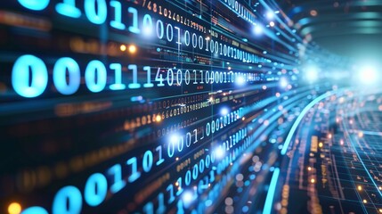 Poster - Digital Data Stream. Information Flow as Binary Code, Database. 3D Illustration render.