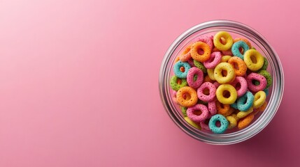 Poster - Top view of a jar brimming with bright cereal rings, set against a pink background, perfect for a fun and youthful breakfast scene.