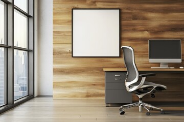 Poster - Workspace design concept with computer, blank frame, wood and white background. 3D rendering of workspace design concept.