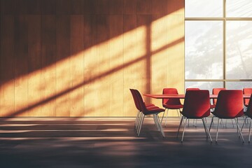 Poster - The interior of the meeting room consists of light wood with a table and chairs as well as panoramic windows