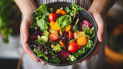 Wall Mural - A person holding a bowl of freshly prepared salad with colorful vegetables, set in a cozy kitchen environment. A perfect representation of healthy, home-cooked meals.