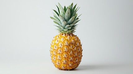 Poster - A ripe golden pineapple with vibrant green spiky leaves, photographed against a plain background, highlighting the contrasting textures and colors. Ideal for tropical or healthy food visuals.