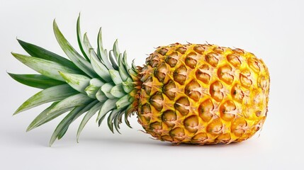 Poster - A ripe golden pineapple with vibrant green spiky leaves, photographed against a plain background, highlighting the contrasting textures and colors. Ideal for tropical or healthy food visuals.