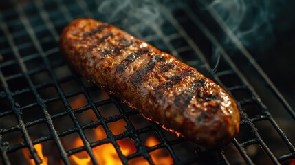 Canvas Print - A sizzling Sucuk beef sausage on a hot grill, viewed from above, against a dark background, offering a mouthwatering visual of this traditional dish.