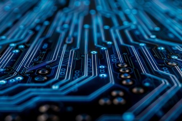 Poster - Close-Up of Circuit Board, Modern Technology Background with Blue Lights, Electronic Device