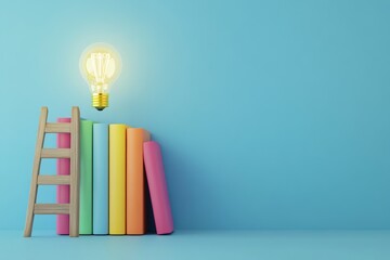 Poster - The stack of colorful books has ladders and a lightbulb against a light blue background. 3D rendering