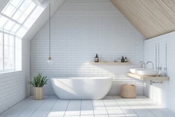 Mockup of hotel bathroom interior with double sinks and bathtubs.