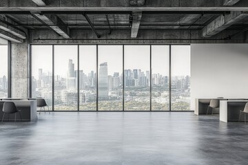 Poster - A mockup of an office workplace with computer monitors in a row and a panoramic window.