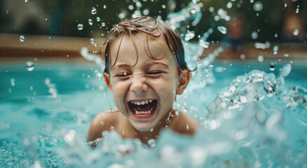 Poster - A little boy laughing and playing in the pool, splashing water around him with joy