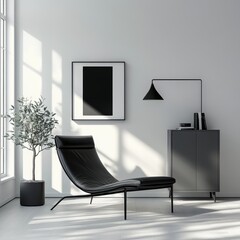 Poster - A blank poster mockup on a dark wall above a modern cabinet. A 3D rendering is included