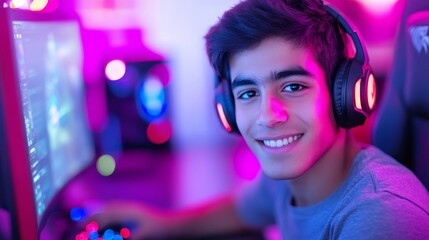 Poster - Laughing young man gaming with headphones.