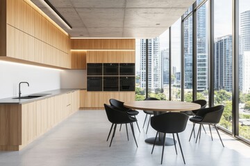 Poster - Interior of a stylish office with a kitchen cabinet and eating table. Wall mockup.