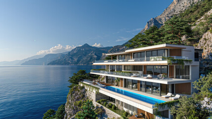 Sticker - A stunning luxury villa with three floors, overlooking the sea in a minimalist style, sits atop an old cliff.