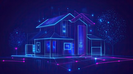 Computerized smart house created from glowing outlines and points signifying tech and security fusion